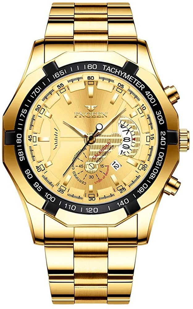 FNGEEN S001 Men's Waterproof Watch, Non-Mechanical Date (All Gold Yellow Face)  FNGEEN S001 男士防水手表，非机械日历表（全金黄金表面）